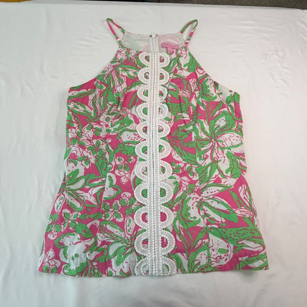 Lilly Pulitzer Pink Green Floral Halter Top White Lace Trim Size 10